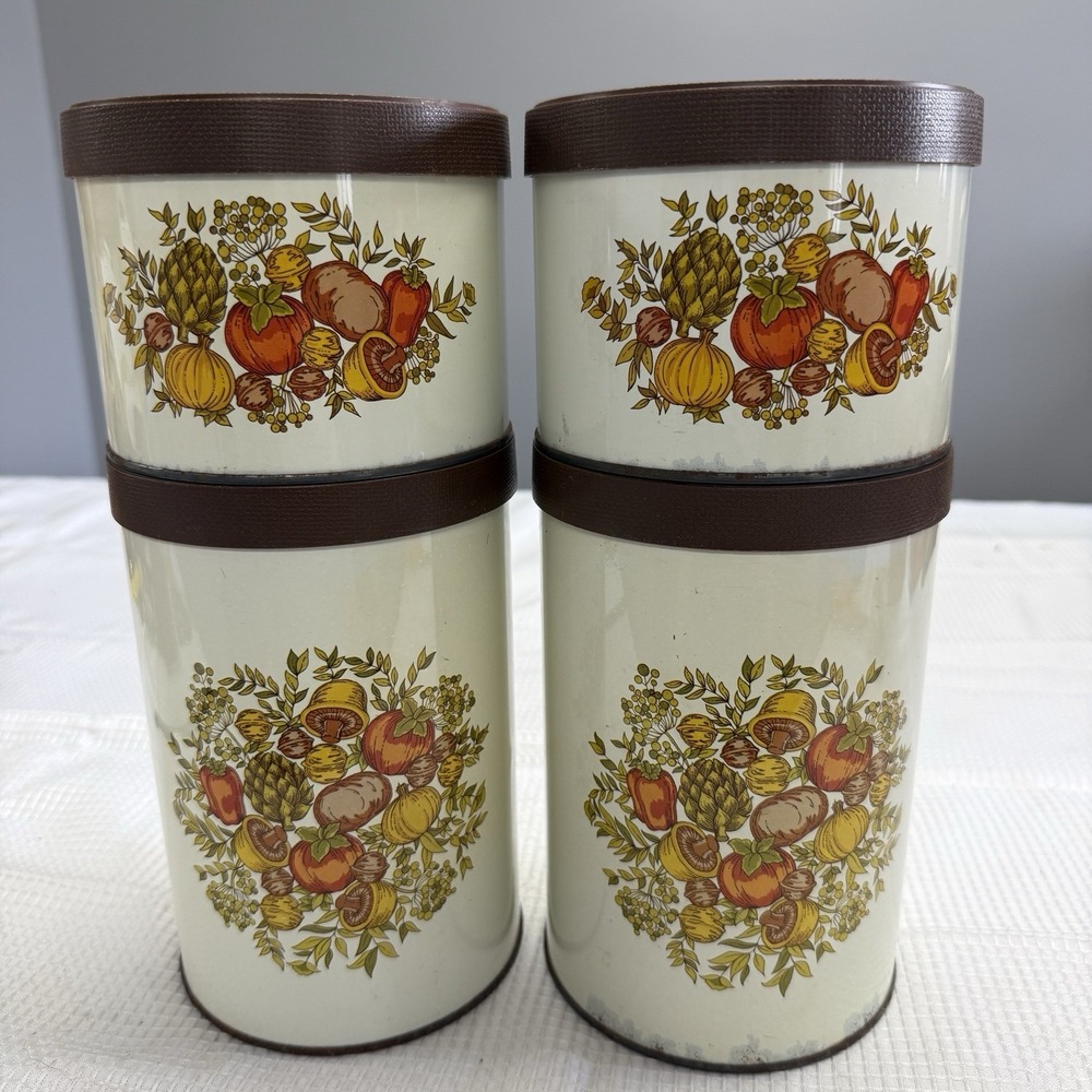 Vintage Ballonoff Tin Canister Set Lids Vegetables MCM Brown Retro 70s Kitchen